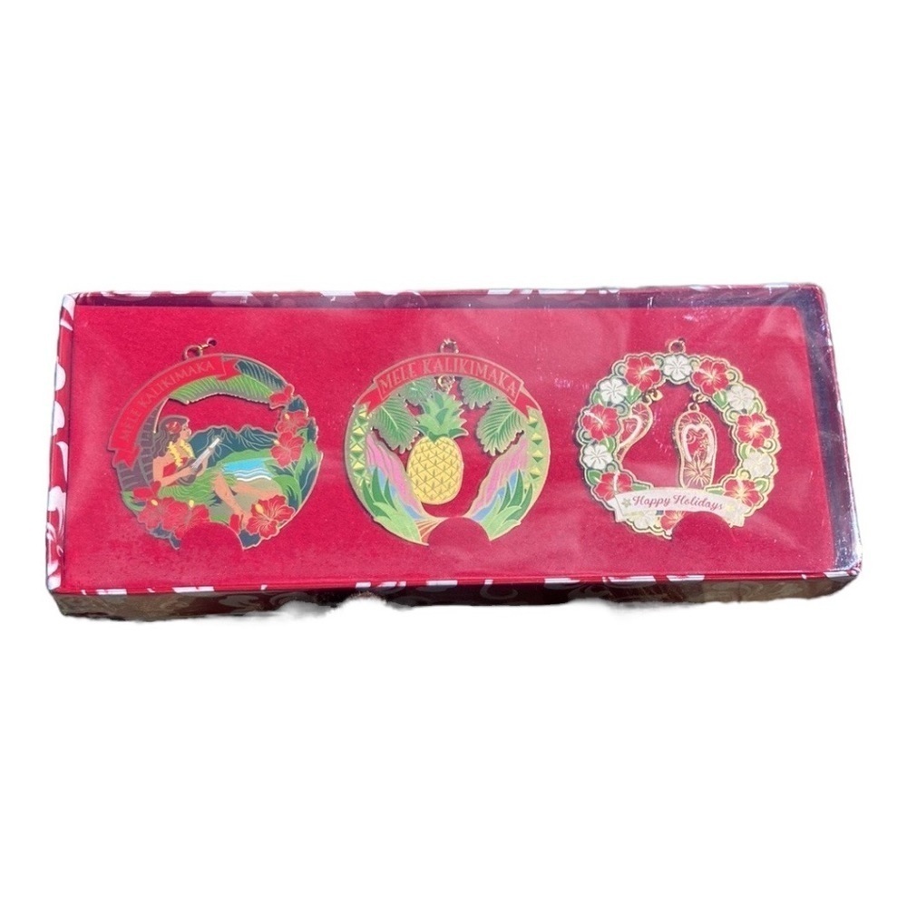 Hawaiian Mele Kalikimaka Christmas Metal Die-Cut Ornament 3 PC Gift Set NEW